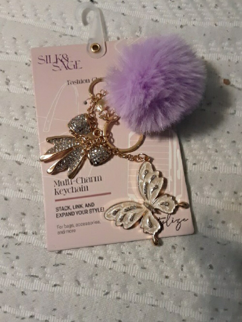Silk And Sage Lavender Pom-Pom Keychain with Gold Butterfly and Bow Charms - Picture 4 of 9